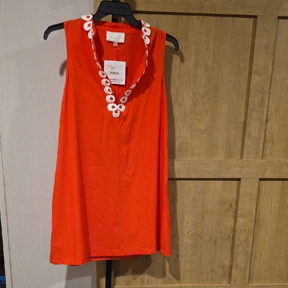 (J34) Sleeveless Red Dress with White Trim - Picture 1 of 5